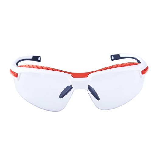 Sworke Maximus X Safety Rated Sports Sunglasses, Satin White & Orange Frame And Clear Hard Coat Antifog Lens