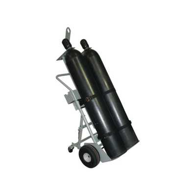 JUSTRITE DOUBLE CYLINDER HAND TRUCK WITH HOIST RING, 10.5 INCH PNEUMATIC WHEELS, REAR CASTERS AND TOOL TRAY