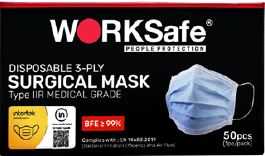 WORKSAFE DISPOSABLE 3 PLY MEDICAL MASK, TYPE IIR, ADULT, EARLOOPS, BLUE COLOUR INDV. PKT (1PCS/50PKTS/40 BOXES/CTN)