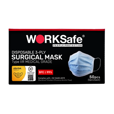 Worksafe Disposable 3-Ply Surgical Mask, Type Iir, Adult, Earloops, Blue Colour (50Pcs/40 Boxes/Ctn)