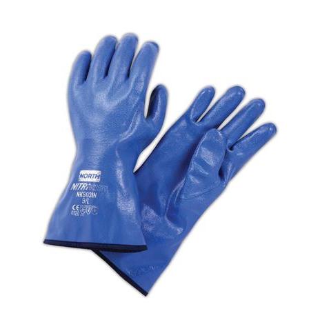 NORTH NITRI KNIT NITRILE CHEMICAL RESISTANT GLOVES, INSULTED LINER, FLEXIBLE ARM GUARD, 30 CM TEXTURED FINISH BLUE, SIZE 10