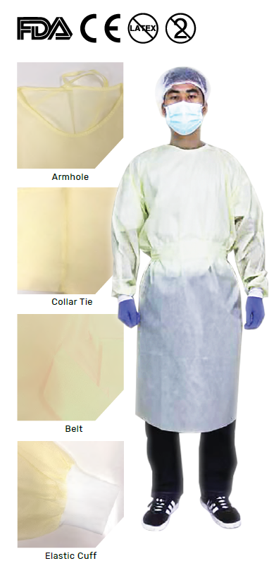 Disposable Isolation Gown Smms 25Gsm, 120*140Cm, Yellow, Knit Cuff, Aami L2 (10Pcs/Pack)