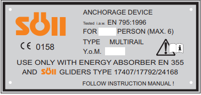 SOLL LABEL FOR FALL ARRESTER SYSTEM - TYPE MULTIRAIL
