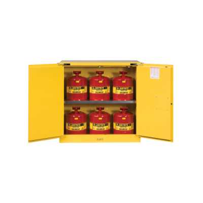JUSTRITE 30 GAL YELLOW SAFETY CABINET WITH CAN PACKAGE, 2 SELF-CLOSE DOORS - SURE-GRIP® EX