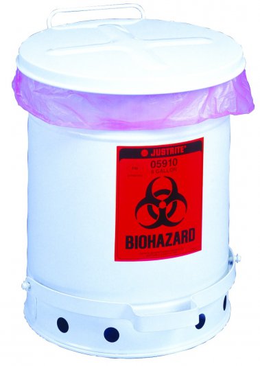 JUSTRITE 10GAL BIOHAZARD WASTE CONTAINER. W.FOOT OPT COVER