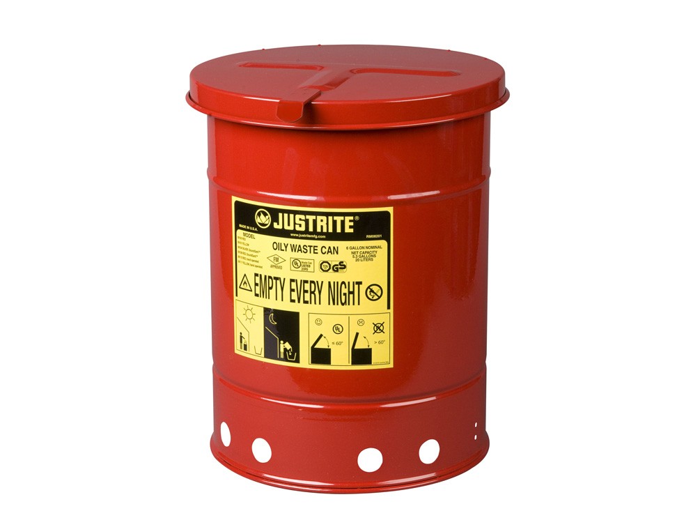 JUSTRITE 6 GAL OILY WASTE CAN, HAND OPERATED, RED