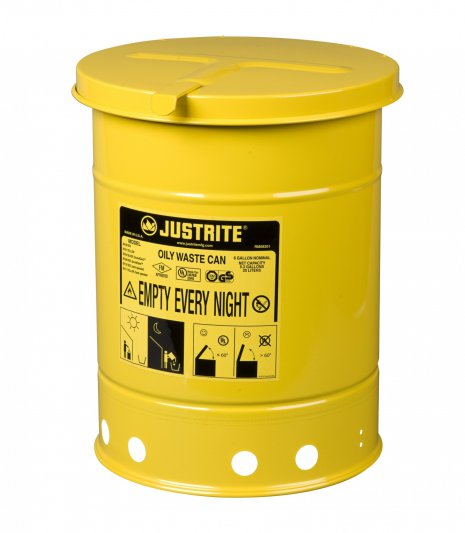Justrite 6 Gal Oily Waste Can, Hand Operated, Yellow