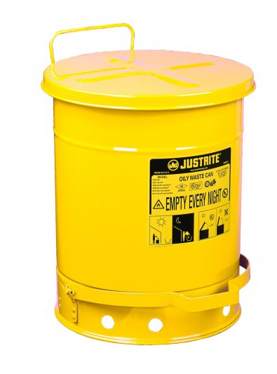 JUSTRITE 14 GAL YELLOW OILY WASTE CAN WITH FOOT OPERATED COVER