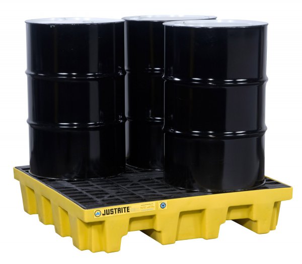 JUSTRITE 4 DRUM SQUARE ECOPOLY BLEND SPILL CONTROL PALLETS W/PLUG (RECYCLED CONTENT 35%), YELLOW