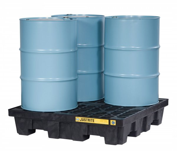JUSTRITE 4 DRUM SQUARE ECOPOLY BLEND SPILL CONTROL PALLETS W/PLUG (RECYCLED CONTENT 100%), BLACK
