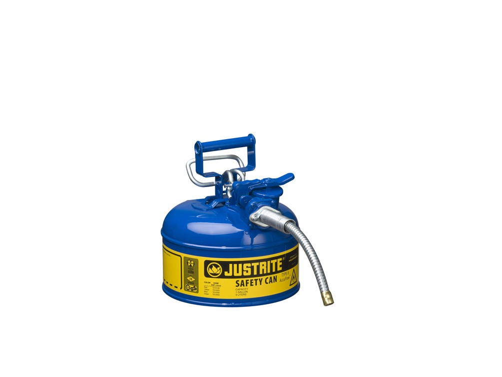Justrite Type Ii Accuflow Steel Safety Can For Flammables, 1 Gal., S/S Flame Arrester, 5/8" Metal Hose, Blue
