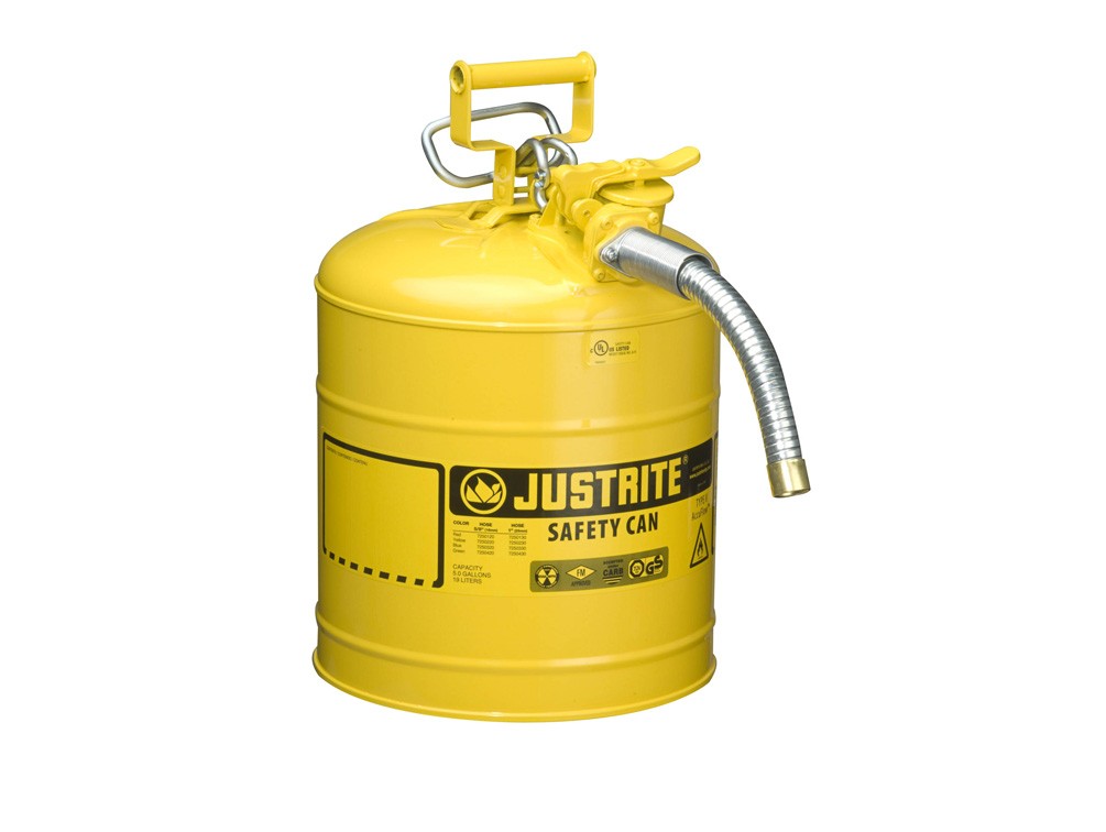 Justrite Type Ii Accuflow Steel Safety Can For Flammables, 5 Gal., S/S Flame Arrester, 1" Metal Hose , Yellow