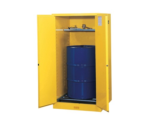 JUSTRITE SURE-GRIP EX VERTICAL DRUM SAFETY CABINET AND DRUM ROLLERS, 55 GALLON, 2 SELF-CLOSE DOORS, YELLOW
