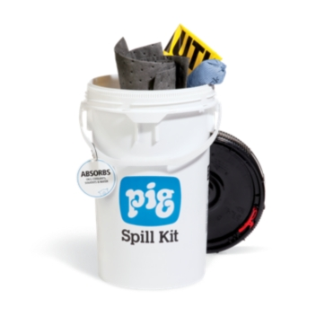PIG SPILL RESPONSE BUCKET FOR OILS, COOLANTS, SOLVENTS AND WATER