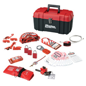 MASTER LOCK PORTABLE SAFETY CARRY CASE (NO. S1017) WITH VALVE & ELECTRICAL LOCKOUT ASSORTMENT & 3-A1160RED ALUM PADLOCKS