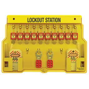Master Lock 10 Padlocks Lockout Station With Cover- 10- 410Red Aluminium Padlocks, 2 Hasps,24 Tags. Keyed Different