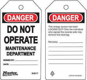 MASTER LOCK GUARDIAN EXTREME™ TAG "DANGER - DO NOT OPERATE - MAINTENANCE DEPARTMENT" (PACK OF 6 TAGS)
