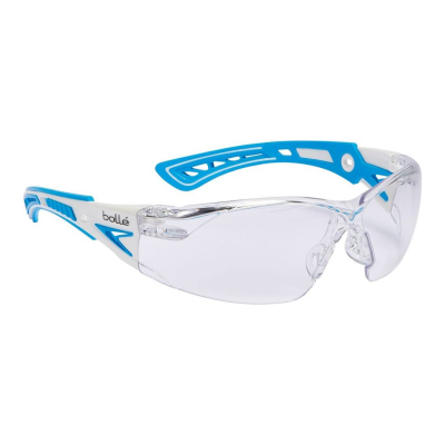 BOLLE RUSH+ SAFETY SPECTACLES CLEAR PC LENS PLATINUM COATING WHITE BLUE FRAME HEALTHCARE