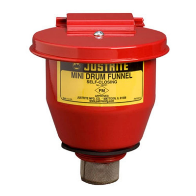 JUSTRITE SMALL STEEL FUNNEL WITH SELF-CLOSING COVER AND 1" FLAME ARRESTER