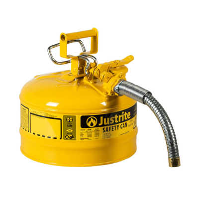JUSTRITE 2.5 GALLON, 1" METAL HOSE, STEEL SAFETY CAN FOR DIESEL, TYPE II, ACCUFLOW™, YELLOW