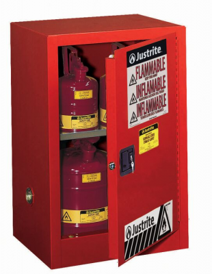 JUSTRITE 12 GAL FLAMMABLE CABINET 1 DOOR MANUAL, COMPAC SURE-GRIP EX W/PDLE HANDLE, RED