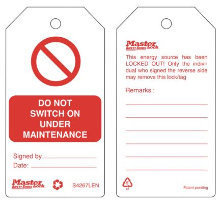 MASTER LOCK DO NOT SWITCH ON - UNDER MAINTENANCE TAGS (6 TAGS/PACK)