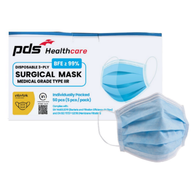 PDS HEALTHCARE DISPOSABLE 3-PLY SURGICAL MASK, TYPE IIR, KIDS, EARLOOPS, BLUE COLOUR (5PCS/10PKTS)