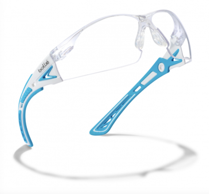 BOLLE RUSH+ SAFETY SPECTACLES CLEAR PC LENS PLATINUM COATING WHITE BLUE FRAME HEALTHCARE