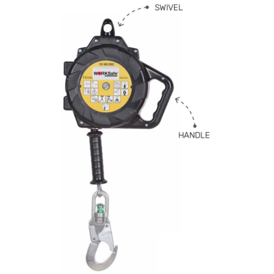 WORKSAFE SELF-RETRACTING LIFELINE, BLACK PLASTIC CASE, GALVANISED STEEL CABLE (15M) WITH FALL INDICATOR SNAP HOOK AZ002ASI