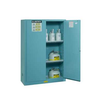 Justrite Corrosives/Acid Steel Safety Cabinet, Sure-Grip® Ex, 60 Gallon, 2 Shelves, 1 Bi-Fold Self-Close Door, Blue